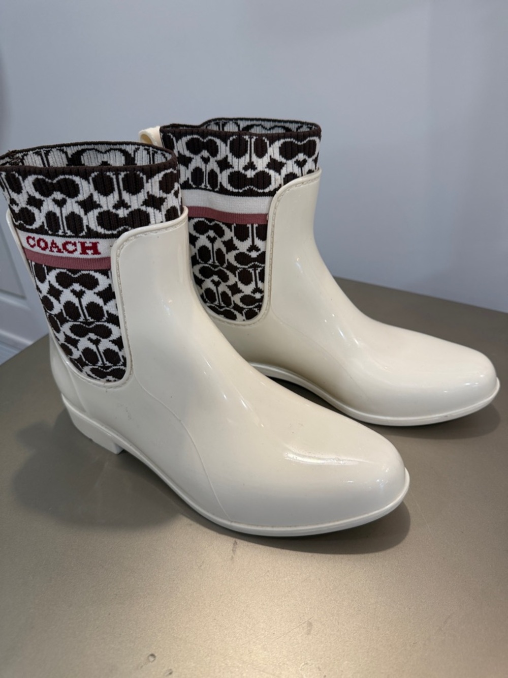 Coach Cream Glossy Rain Ankle Boots with Monogram Knit Cuff